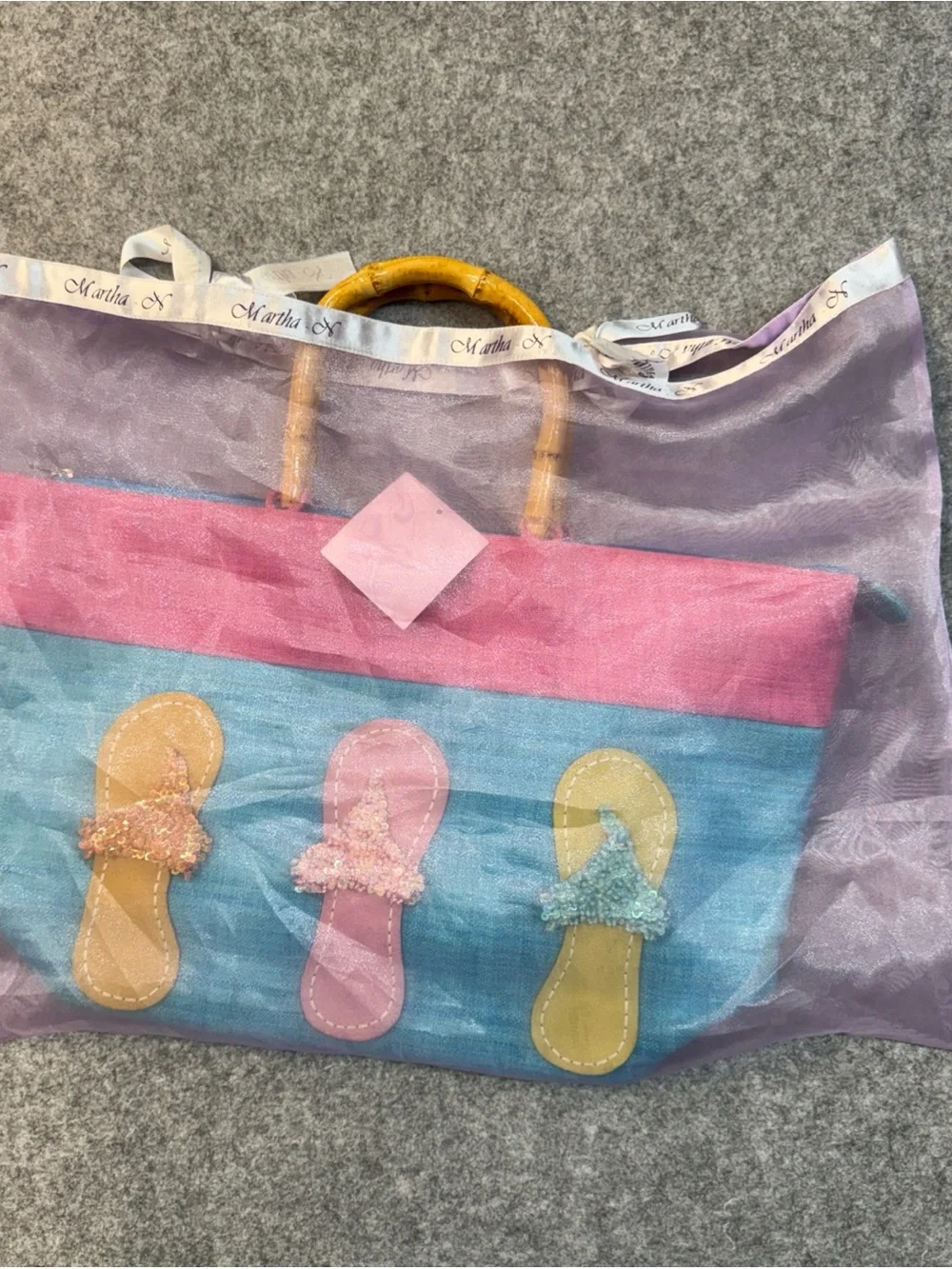 Anna Bui Gallery Handmade Tote Bag Bamboo Handles Flip Flop Appliqué